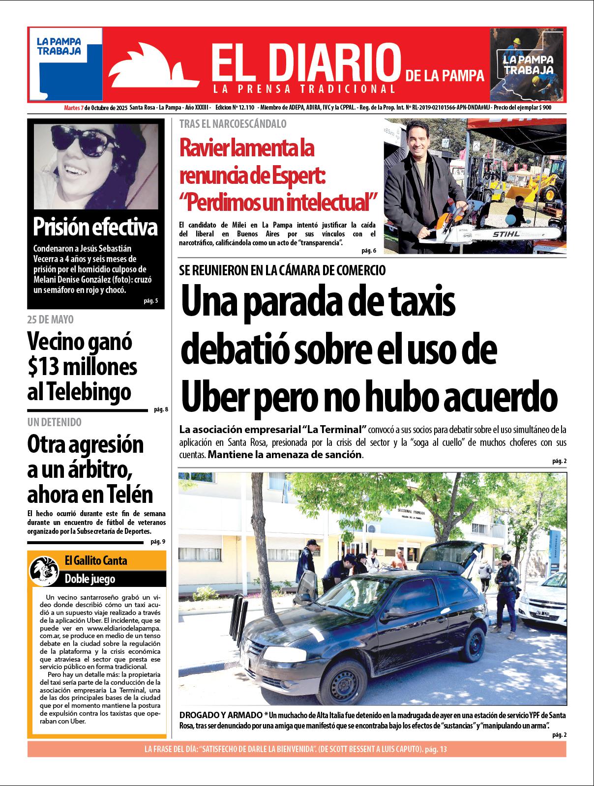 Tapa de El Diario en papel  martes 07 de octubre de 2025